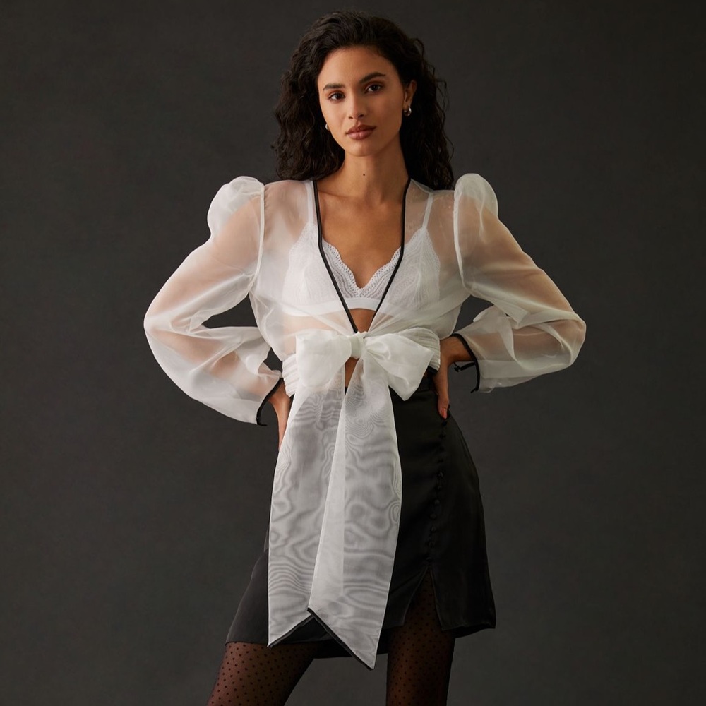 Anthropologie Sheer White Bow Blouse
